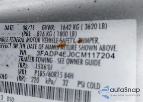 2012 Ford Fiesta Se z USA, uszkodzony, nr VIN 3FADP4EJ0CM117204